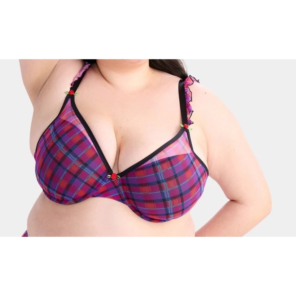 Parade Plaid Ruffled Silky Mesh Demi Bra Womens XL Magenta Blue Recycled NWT